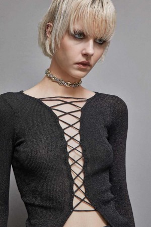 Patrizia Pepe Essential Lurex Ribbed Cardigan Schwarz | 895023-ZBV
