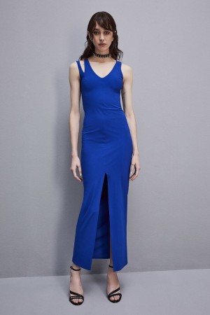 Patrizia Pepe Essential Technical Jersey V-neck Dress Hellblau | 098627-KNZ