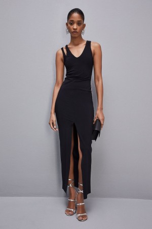 Patrizia Pepe Essential Technical Jersey V-neck Dress Schwarz | 958206-JRM