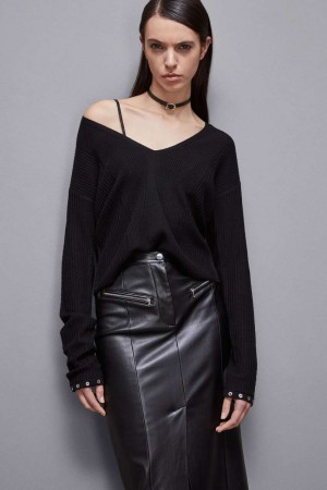 Patrizia Pepe Essential Wool Ribbed Sweater Schwarz | 947301-ASD
