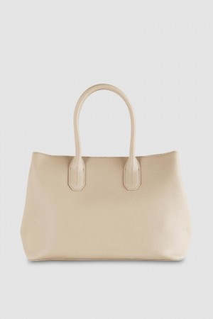 Patrizia Pepe Fly Leather Shopping Bag With Shoulder Strap Beige | 839751-KOZ