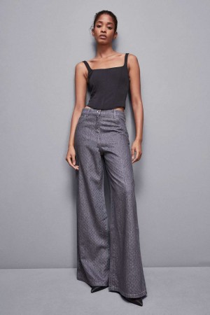 Patrizia Pepe Gray Wide Leg Low-waisted Jeans With Rhinestones Grau | 853670-MCN