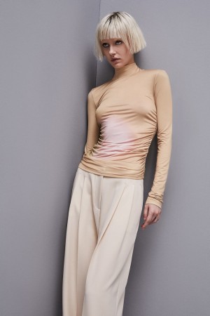 Patrizia Pepe High Neck Jersey Top Beige | 064578-DQJ