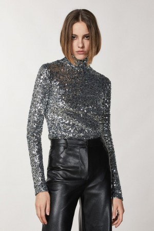 Patrizia Pepe High Neck T-shirt With Sequins Grau | 839607-RNI