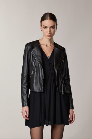 Patrizia Pepe Leather Biker Jacket With Top-stitching Schwarz | 218796-RHD