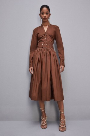 Patrizia Pepe Midi Flared Skirt With Belt Braun | 578316-VUE