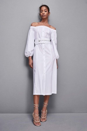 Patrizia Pepe Off-shoulder Dress With Belt Weiß | 039164-SBV