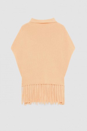 Patrizia Pepe Organic Wool Fringed Poncho Beige | 402679-HSA