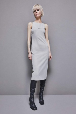 Patrizia Pepe Pinstripe Crew Neck Midi Sheath Dress Grau | 461387-HJZ