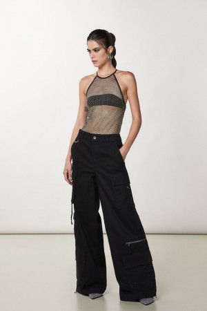 Patrizia Pepe Rhinestone Mesh Crew-neck Top Schwarz | 436578-OSX