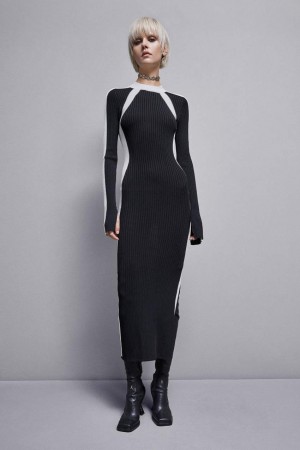 Patrizia Pepe Ribbed Viscose Blend Dress Schwarz | 128340-GWC