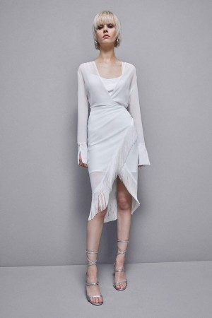 Patrizia Pepe Satin And Georgette Dress With Fringes Weiß | 981065-FBM