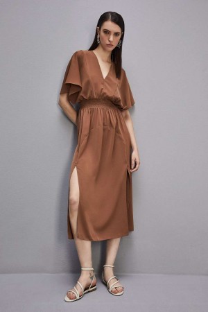 Patrizia Pepe Satin Dress With Smock Stitching Braun | 751264-RCB