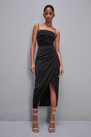 Patrizia Pepe Satin Midi Dress Schwarz | 328957-OGM