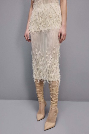 Patrizia Pepe Skirt With Feather And Pearl Embroidery Weiß | 294036-BOP