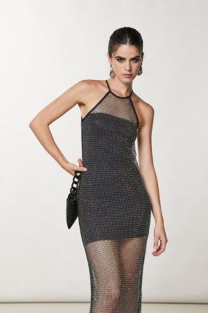 Patrizia Pepe Sleeveless Rhinestone Mesh Dress Schwarz | 285190-GEN