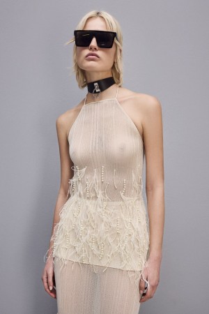 Patrizia Pepe Sleeveless Top With Feather And Pearl Embroidery Weiß | 581349-SBG