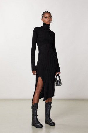 Patrizia Pepe Slim Fit Ribbed Dress Schwarz | 632078-KZP