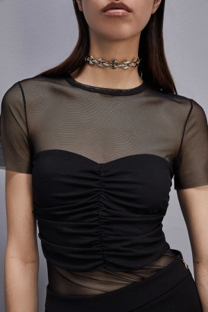 Patrizia Pepe Slim T-shirt In Stretch Tulle Schwarz | 859402-AWS
