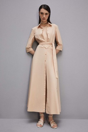 Patrizia Pepe Three-quarter Sleeve Cotton Chemisier Dress Beige | 943625-QXV