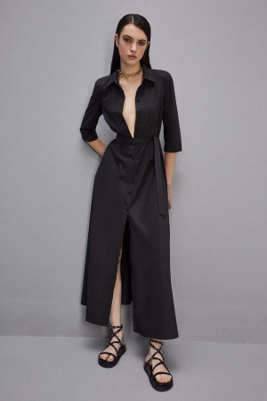 Patrizia Pepe Three-quarter Sleeve Cotton Chemisier Dress Schwarz | 309817-EVM
