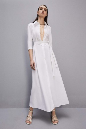 Patrizia Pepe Three-quarter Sleeve Cotton Chemisier Dress Weiß | 156247-BKQ