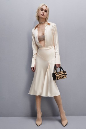 Patrizia Pepe Viscose Satin Midi Skirt Beige | 287693-VAC