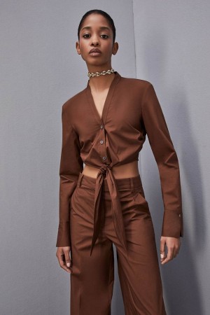 Patrizia Pepe V-neck Shirt With Knot Braun | 485231-HIU