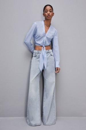 Patrizia Pepe V-neck Shirt With Knot Hellblau | 248359-MFQ
