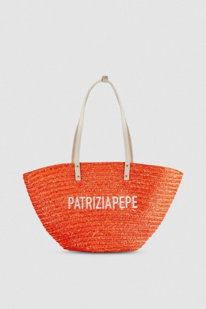 Patrizia Pepe Wide Braided Straw Shopping Bag Orange | 674091-QRA