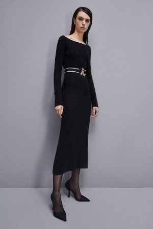 Patrizia Pepe Wool Midi Dress Schwarz | 589613-OBJ